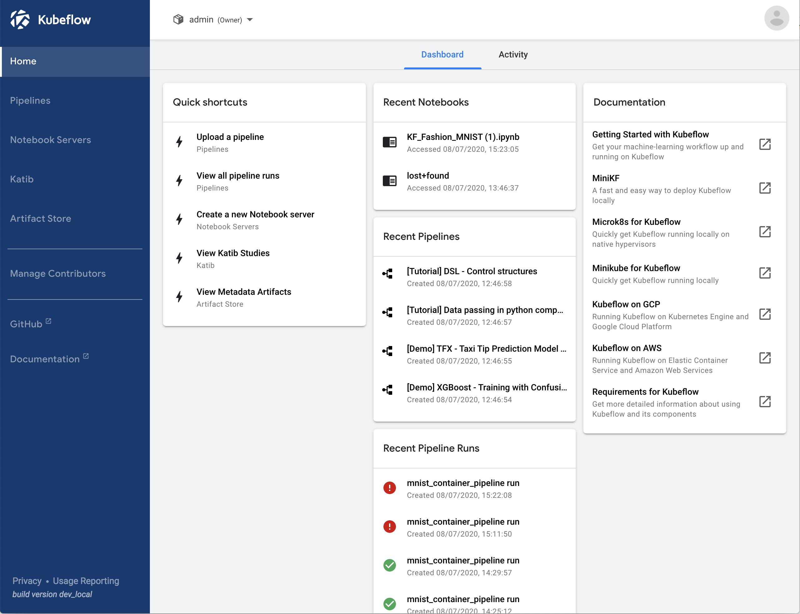 Kubeflow’s dashboard