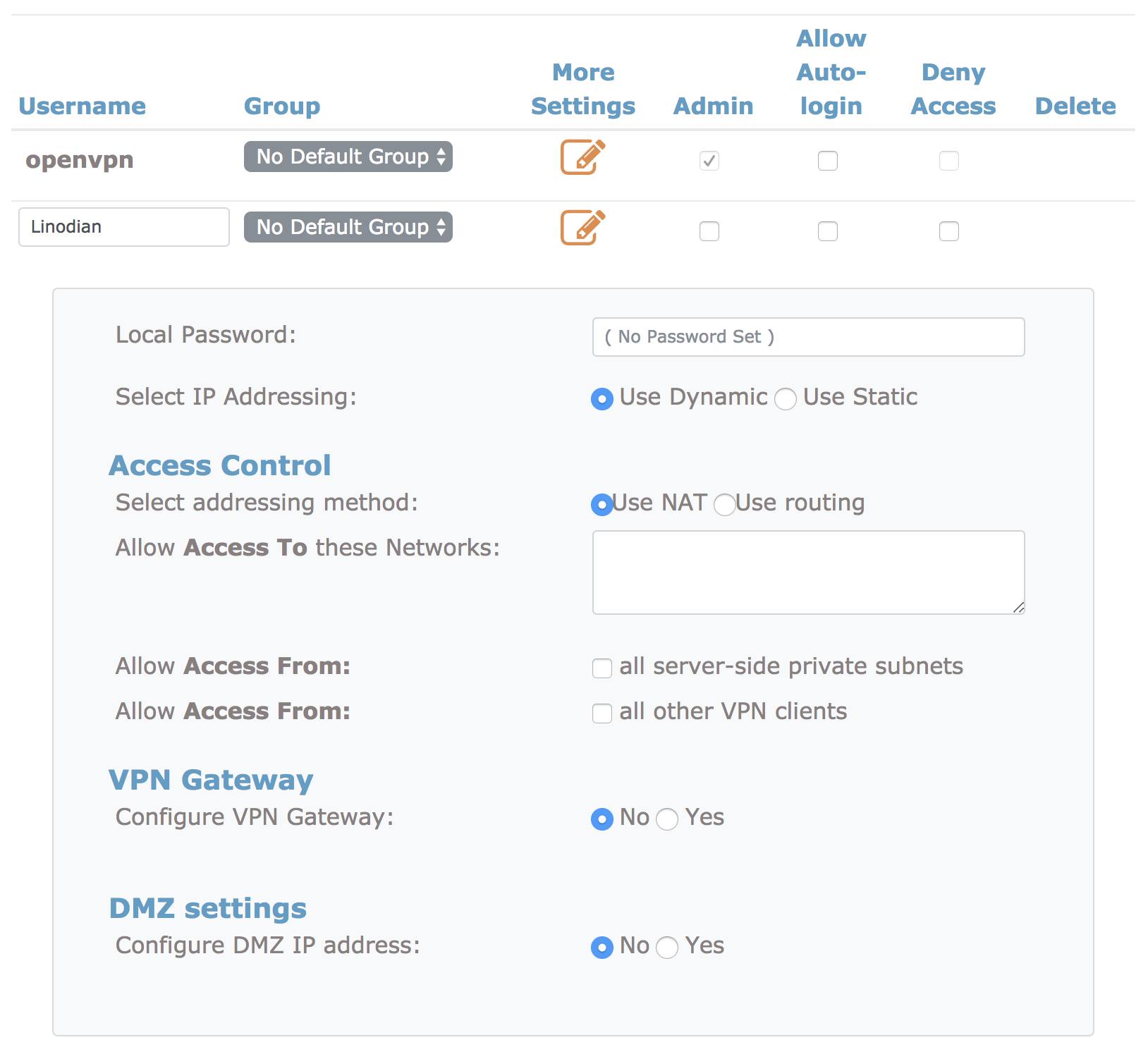 OpenVPN Admin User Settings. OpenVPN Admin User Settings.