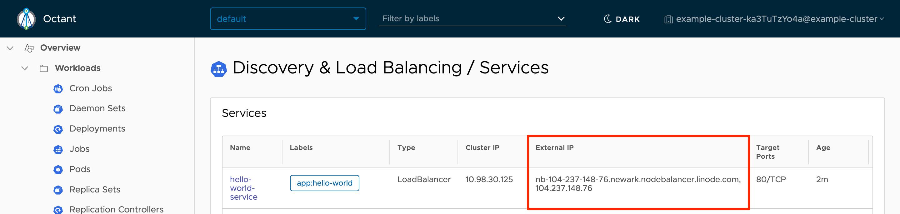 Octant Services - Hello World with External IP Highlighted Octant Services - Hello World with External IP Highlighted